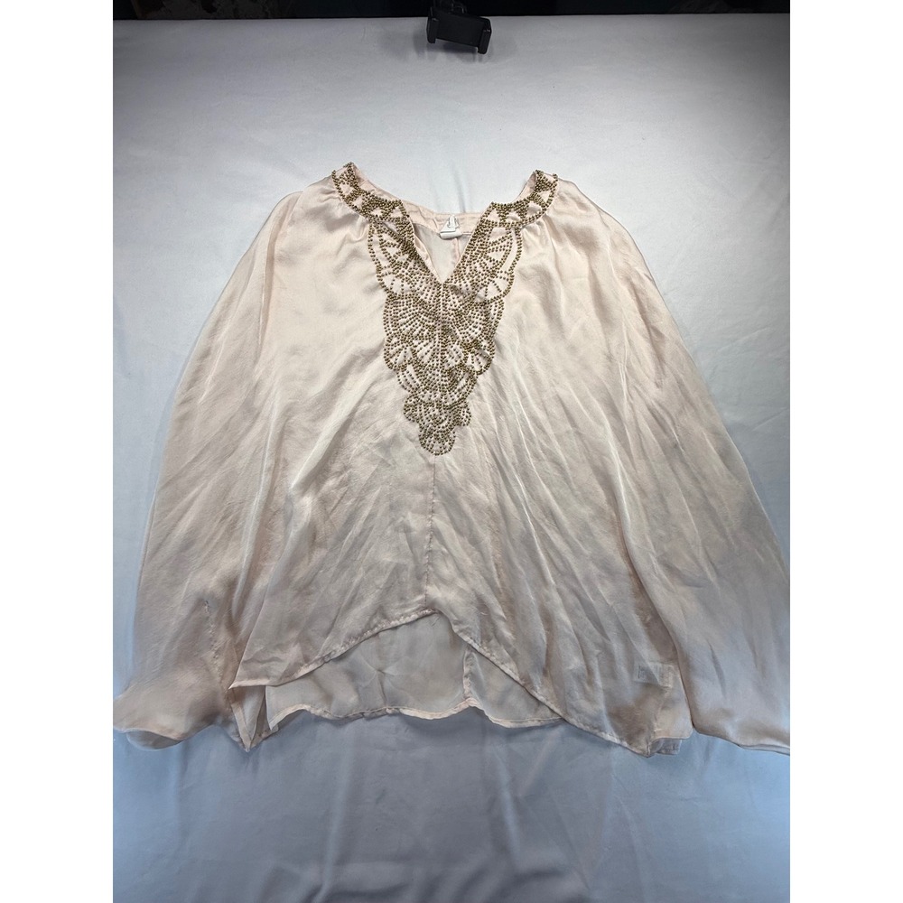Flawless Women Blouse Large Pink Satin Gold Beaded V-Neck Long Sleeve Boho Top